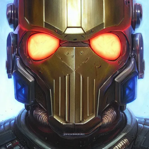 Image similar to the doomslayer as a realistic scifi cyberpunk knight, closeup portrait art by donato giancola and greg rutkowski, vintage retro scifi, realistic face, digital art, trending on artstation, color shifting face shield! symmetry!!!