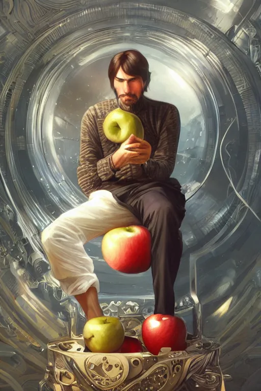 Image similar to ultra realistic illustration, steve jobs sitting on a giant apple, sci - fi, fantasy, intricate, elegant, highly detailed, digital painting, artstation, concept art, smooth, sharp focus, illustration, art by artgerm and greg rutkowski and alphonse mucha