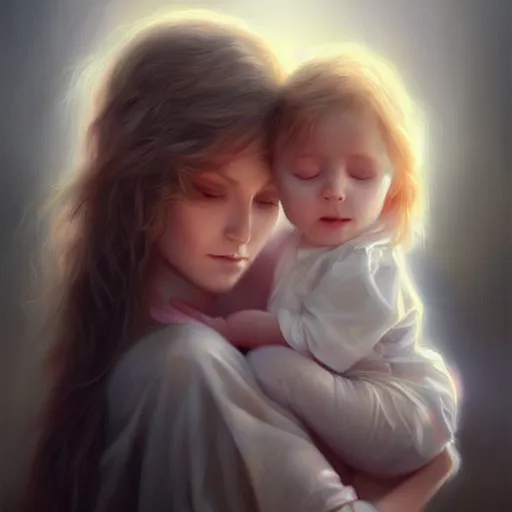 Image similar to love is patient love is kind, mother and child ; photorealistic oil painting by charlie bowater and mark blooms ; highly detailed cute faces by wlop ; trending on artstation