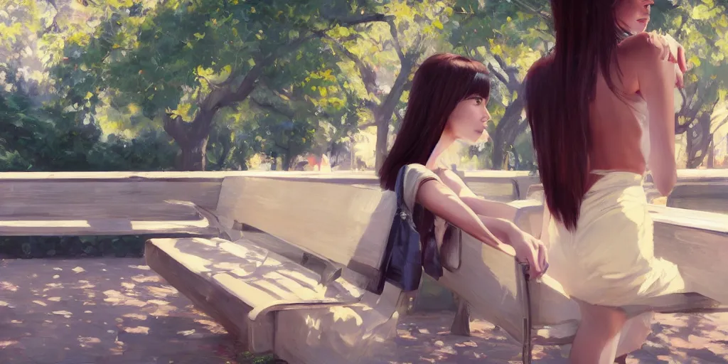 Image similar to A ultradetailed beautiful panting of a stylish woman siting on a park bench, Oil painting, by Ilya Kuvshinov, Greg Rutkowski and Makoto Shinkai