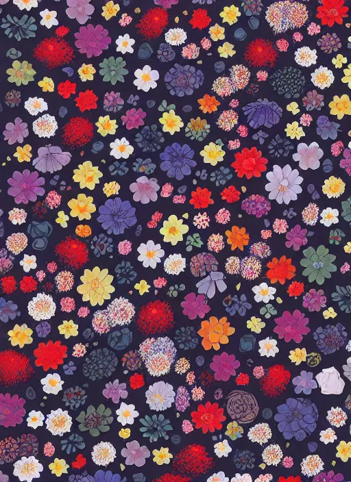 Prompt: multiverse of flowers, garden flowers pattern!!!, berries!!, dragonflies, garden monolith by satoshi kon and greg rutkowski, 7 0's vintage sci - fi design