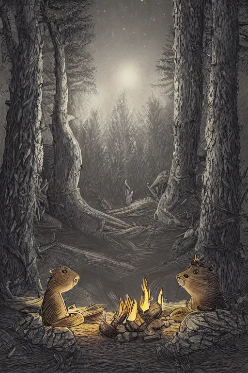 Image similar to an illustration of two evil beavers sitting next to a campfire in a dark forest at night, epid, digital drawing, beautiful, highly detailed, cinematic style, poster