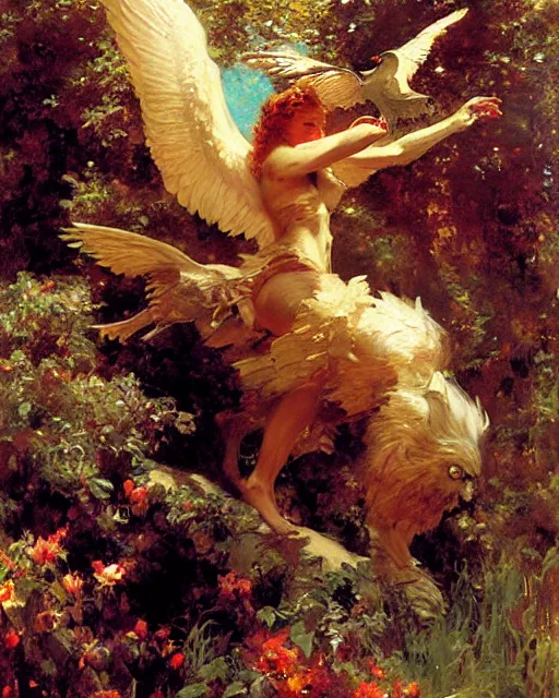 Image similar to griffon emerges from the enchanted forest, painting by gaston bussiere, craig mullins, j. c. leyendecker