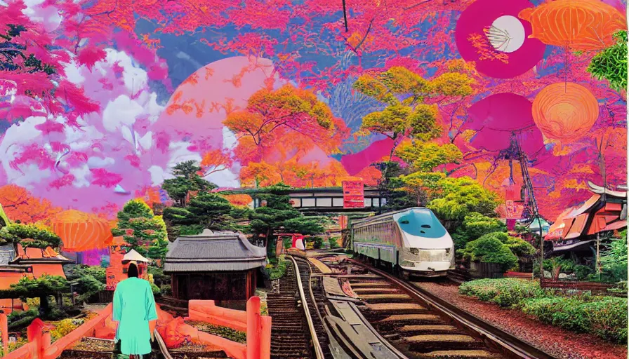 Image similar to Japan rural splendor rail travel and touring c2050, surrealist psychedelic photo-collage painting spot illustration in the style of Newsweek magazine, +81 magazine, muted deep neon color, clean slick design