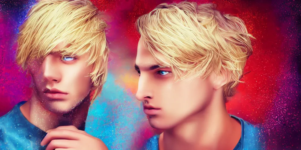 Image similar to extremely beautiful blonde young man with hyperealistic glossy eyes, digital art, colourful background seductive.