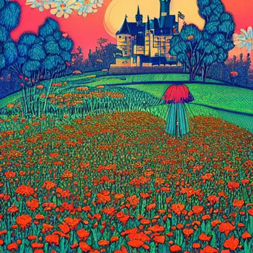 Prompt: a beautiful painting of a large organic castle walking in a field of flowers by Audrey kawasaki and James jean