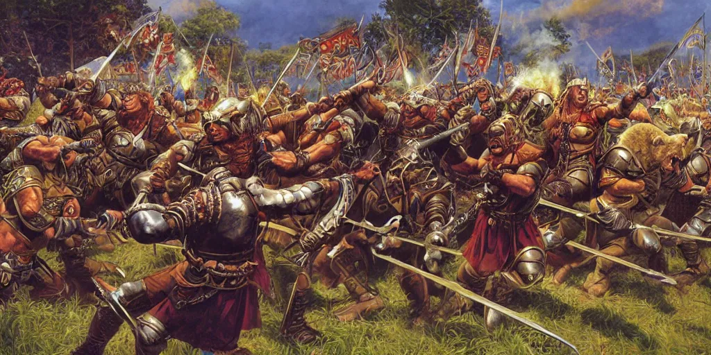Prompt: battle of Hastings, with orcs, fantasy battle. Stephen youll, Darrell k sweet, digital art