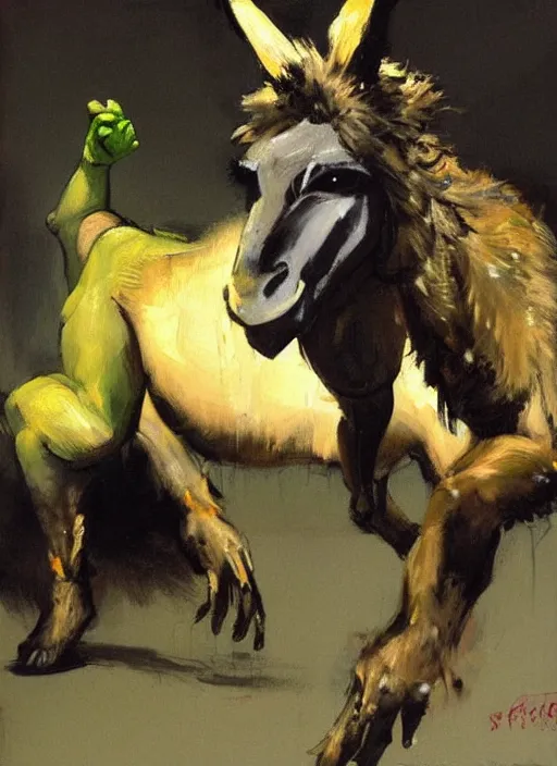 Prompt: shrek and donkey, painting by phil hale, fransico goya,'action lines '!!!, graphic style, visible brushstrokes, motion blur, blurry, visible paint texture, crisp hd image