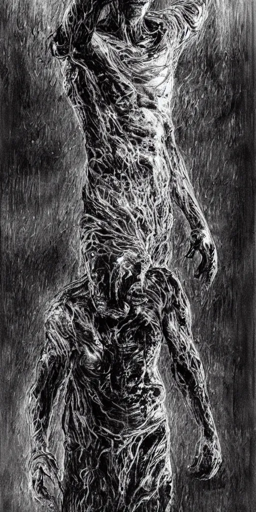 Image similar to concept art of a man with his body covered in burns, with black smoke coming out of his hands, full body, dark colors, sinister atmosphere, dramatic lighting, cinematic, establishing shot, extremely high detail, photo realistic, cinematic lighting, pen and ink, intricate line drawings, by Yoshitaka Amano, Ruan Jia, Kentaro Miura, Artgerm, post processed, concept art, artstation, matte painting, style by eddie mendoza, raphael lacoste, alex ross,