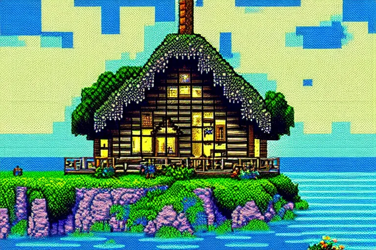 Image similar to view of a cottage above an azure lake, beautiful detailed pixelart by albertov and by kirokaze, intricate details, dithered gradients, beautiful, volumetric lighting, cgsociety, artstation
