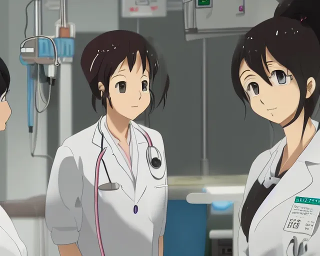Image similar to a cute young female doctor wearing white coat are talking to a woman in a hospital, slice of life anime, lighting, anime scenery by Makoto shinkai