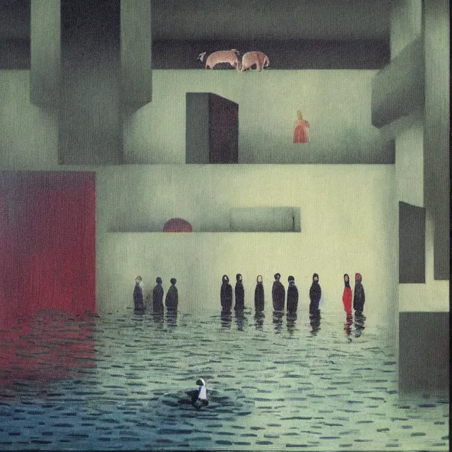Prompt: painting of flood waters inside an apartment, tall female emo art student, a river flooding indoors, tangelos, pigs, ikebana, water, river, rapids, waterfall, black swans, canoe, pomegranate, berries dripping, acrylic on canvas, surrealist, by magritte and monet