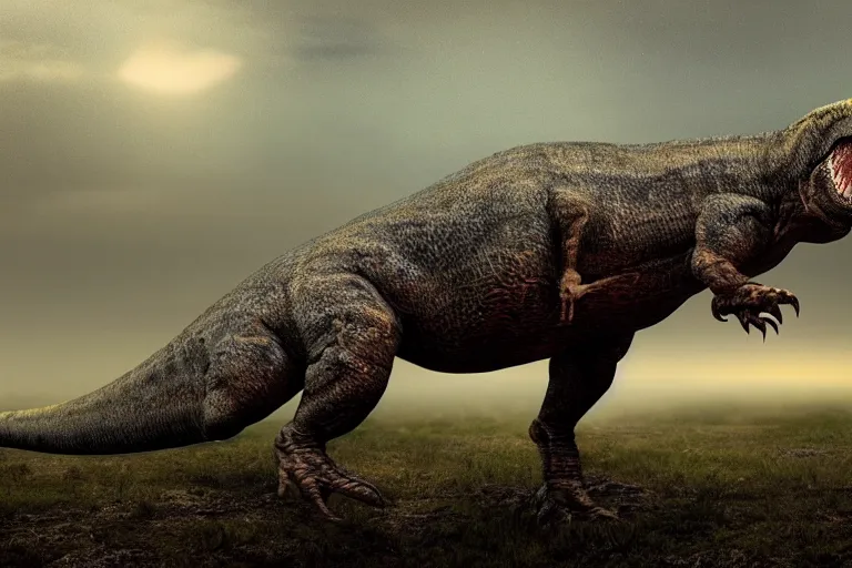 Prompt: Realistic photograph of a tired T-Rex dinosaur standing in the distance in the style of Dark Naturalism, Jungle Grunge, twilight, glows, detailed, studio quality, hd image,