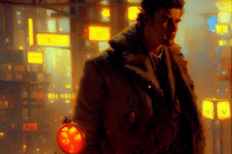 Image similar to winter, attractive male, neon light, cyberpunk, painting by gaston bussiere, craig mullins, j. c. leyendecker