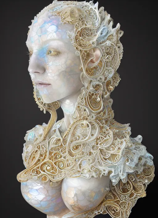 Prompt: opalescent marble sculpture of beautiful woman, glistening, mandelbulb, hypercube, ivory carving, fractal paisley inlay, lace, intricate, gold inlay, metallic, elegant, highly detailed, ivory, artgerm, lace, by ruan jia and greg rutkowski