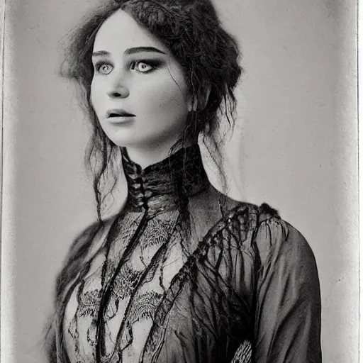 Prompt: victorian photograph of a mix of jennifer lawrence and lilly collins, 1 8 9 0 s photography, 1 9 0 0, realistic face, symmetrical face, studio photograph, grainy, edwardian, old photo