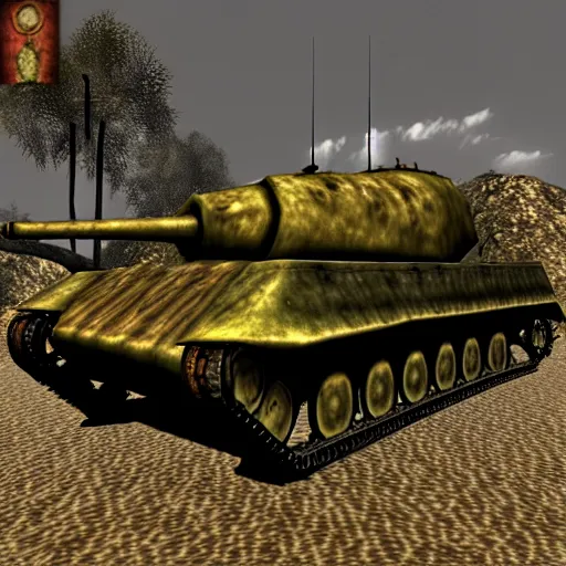 Image similar to wwii tank in morrowind, retro 3 d graphics, game screenshot