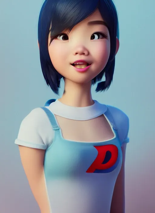 Prompt: a cute Asian girl singing, short stylish hair in the style of pixar animation, mid-shot, low angle view, 16mm lens, award winning, hyper detailed, studio lighting, artstation, octane renderer, unreal engine