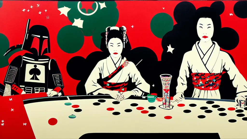 Image similar to woman in a black japanese kimono, sitting at an extremely detailed poker table with the boba fett, sake on the table, fireworks and stars on the background, by andy warhol, by roy liechtestein, canvas, acrylic paint, ivory palette, 4 k, ultra - hd