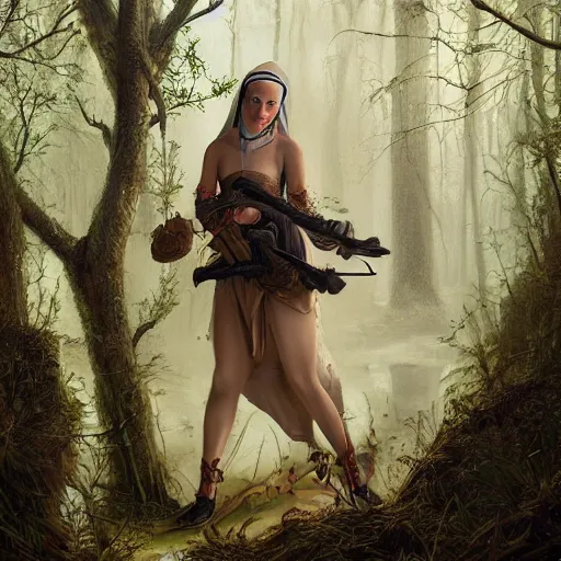 Image similar to A masterpiece portrait of a Incredibly beautiful maid barique renaissance swamp nun girl hunting on deer with russian greyhound medium shot, intricate, elegant, highly detailed. trending on artstation, digital art, by Stanley Artgerm Lau, WLOP, Rossdraws, James Jean, Andrei Riabovitchev, Marc Simonetti, Yoshitaka Amano. background by James Jean and Gustav Klimt, light by Julie Bell, 4k, porcelain skin.