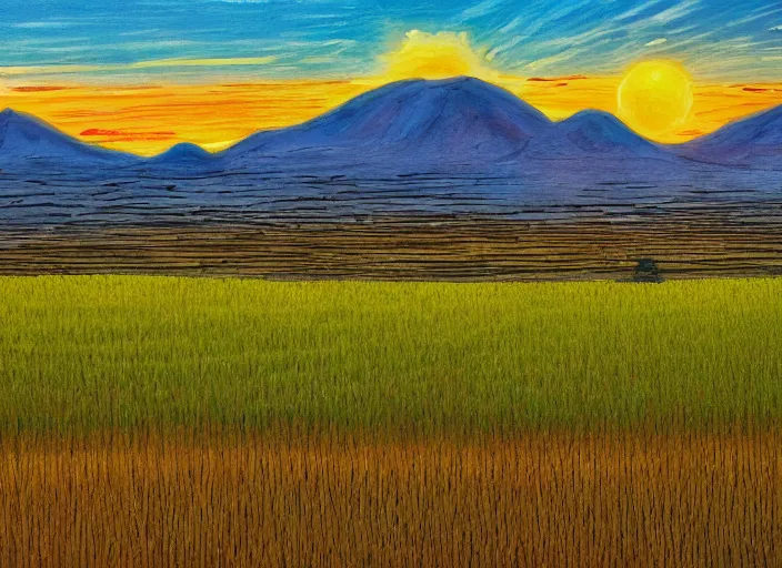 Prompt: painting of a rice paddy with two mountains in the background, a road in the middle, big yellow sun rising between the mountain, masterpiece