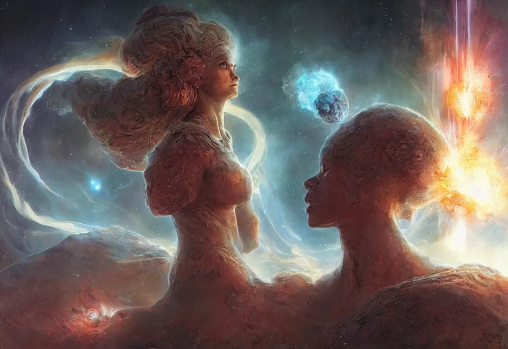 Prompt: an ancient alien female momument staring into space at a supernova, by dorian cleavenger, by greg rutkowski, by wlop, by astri lohne, by zdzisław beksinsk