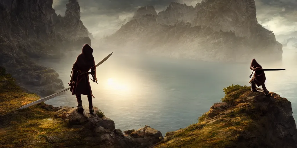 Prompt: a beautiful cinematic image of a hooded boy wielding a sword on a beautiful cliff side below a river, cinematic, 4k, realistic, anime artwork, rtx, hyperrealistic, unreal