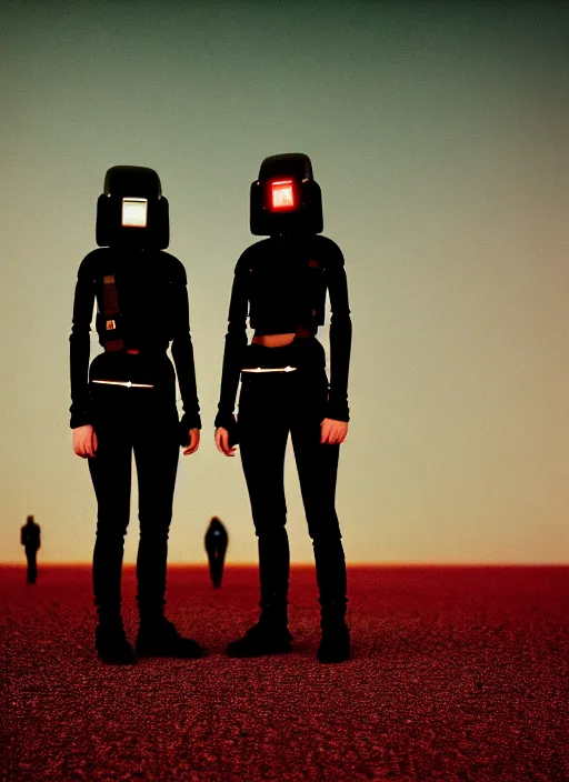 Image similar to cinestill 5 0 d photographic portrait of two loving female androids wearing rugged black techwear on a desolate plain with a red sky, extreme closeup, lizard on ground, cyberpunk style, in front of a brutalist dark metal facility, dust storm, 8 k, hd, high resolution, 3 5 mm, f / 3 2, ultra realistic faces