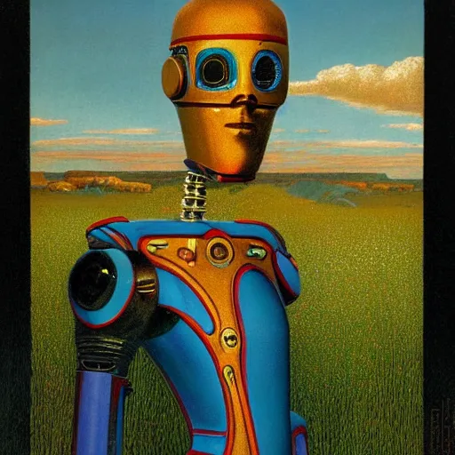 Prompt: A colorful, detailed print - A portrait of a robot standing in a field. by Arnold Bocklin and Barclay Shaw, masterful print. 4k, unreal engine stunning Art Nouveau