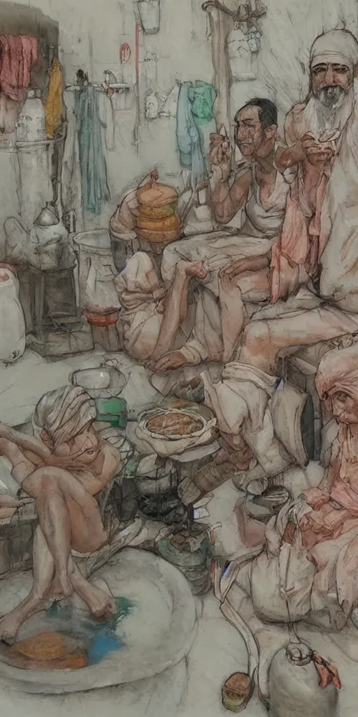 Image similar to pastel colors oil painting scene from hamam by kim jung gi