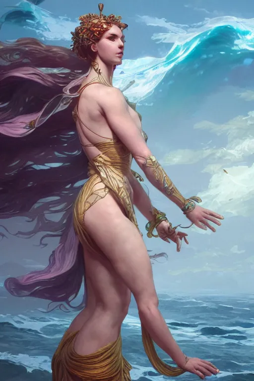 Image similar to goddess of the ocean, accurate anatomy, only two hands, highly detailed, digital painting, artstation, concept art, smooth, sharp focus, illustration, Unreal Engine 5, 8K, art by Ross Tran and greg rutkowski and alphonse Mucha