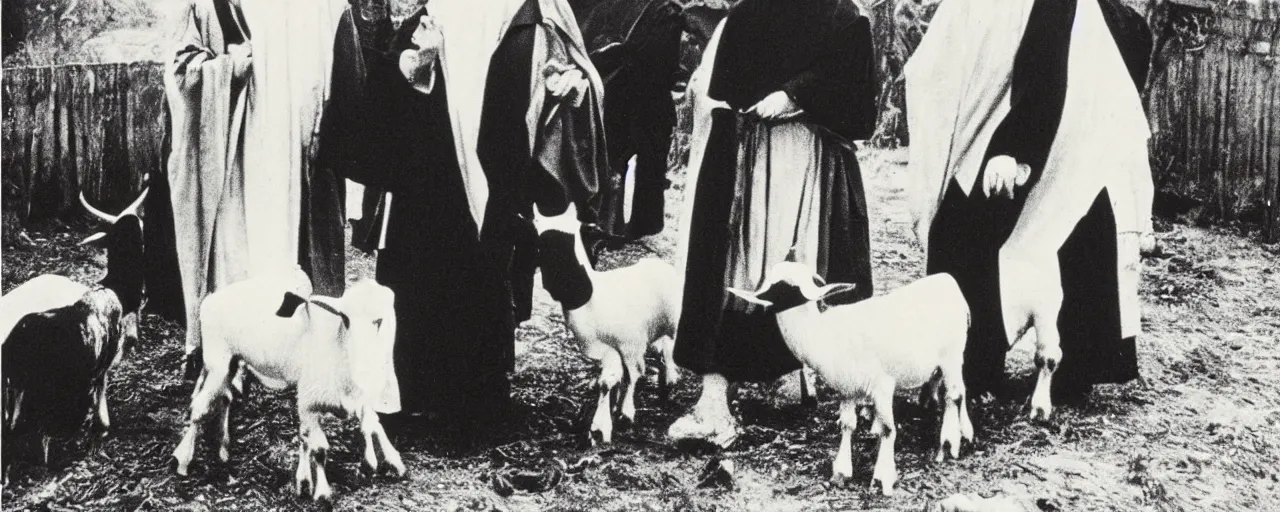 Image similar to still of breaton monks looking like rasputin with a goat from movie stalker ( 1 9 7 9 ) by andrei tarkovsky, polaroid