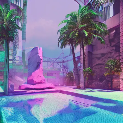 Prompt: a hyperrealistic 3 d render of a crumbling statue in a surreal underground swimming pool surrounded by palm trees and neon lights, vaporwave, unreal engine, octane render, dramatic lighting, volumetric lighting, ultra detailed, photorealistic