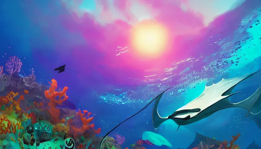 Image similar to a single manta ray swims above a colorful coral reef filled with fish, volumetric light, realism, in the style of alena aenami and andreas rocha and anato finnstark and charlie bowater