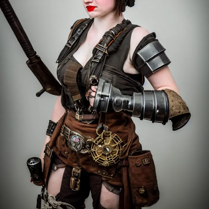 Image similar to full length photograph of a real - life very beautiful dieselpunk warrior. extremely detailed. dslr. 8 5 mm.