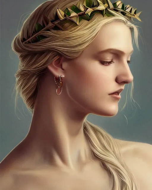 Image similar to drawing of a beautiful greek goddess aphrodite wearing a laurel wreath and arrowhead earrings, beautiful confident and piercing eyes, beautiful blonde hair, hyper realistic face, in the style of greg rutkowski, fantasy, amazing detail, epic, elegant, smooth, sharp focus, from the front