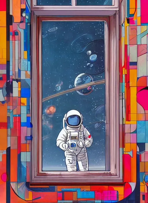 Prompt: seen through a window, futuristic astronaut floating in space, james jean artwork, colourful