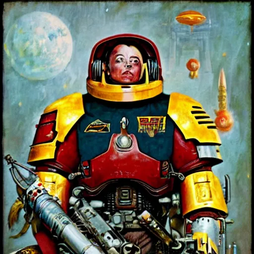 Prompt: elon musk as a warhammer 4 0 k space marine, by norman rockwell,