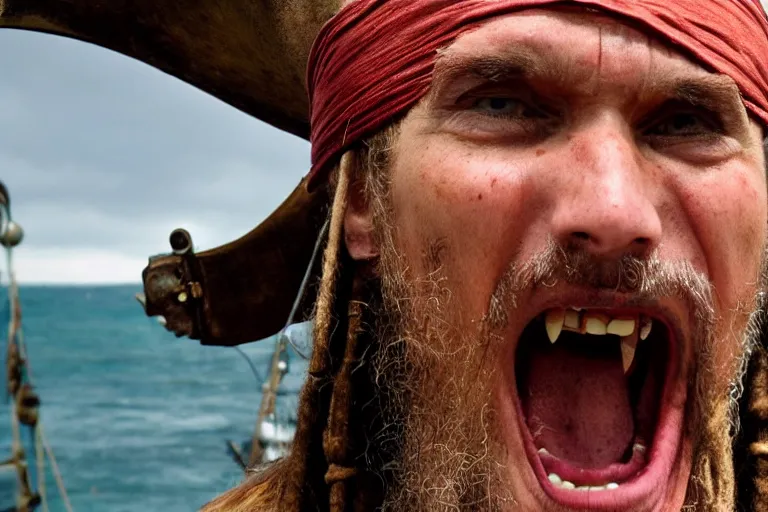 Image similar to closeup old pirate yelling on an old pirate ship, by emmanuel lubezki