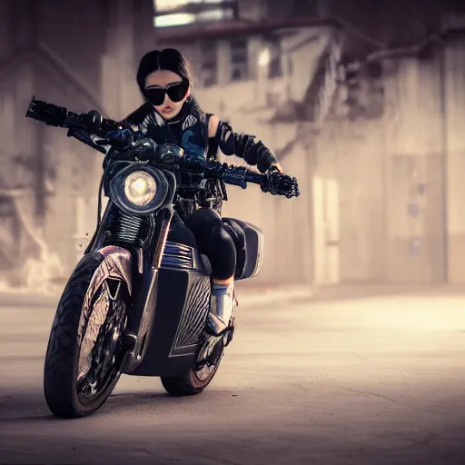 Image similar to a girl dressed in cyberpunk gear sits on a motorbike in a dystopian landscape, 5 0 mm lens, f 1. 4, sharp focus, ethereal, emotionally evoking, head in focus, volumetric lighting, blur dreamy outdoor,