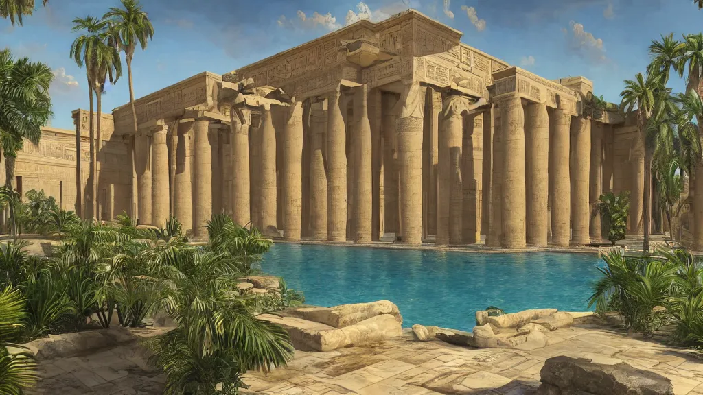 Prompt: an oil painting of a new egyptian palace with a small pool in front and gold egyptian statues on each side of the door, exterior view, close - up, mid - day, palm trees and lush vegetation, hieroglyphs on the buildings, ray - traced reflections of the buildings and trees in the water