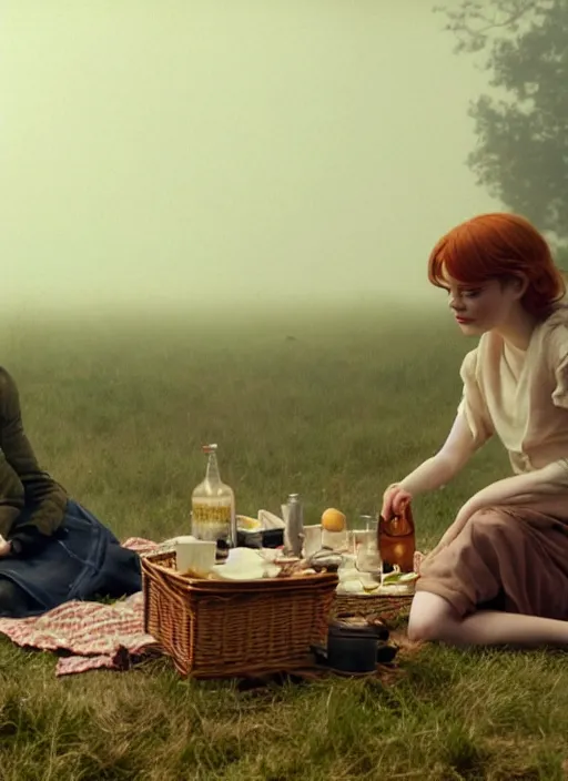 Image similar to emma stone having a picnic with tom holland, faded color film, russian cinema, tarkovsky, kodachrome, old clothing, heavy fog, 4 k, dramatic lighting, greg rutkowski