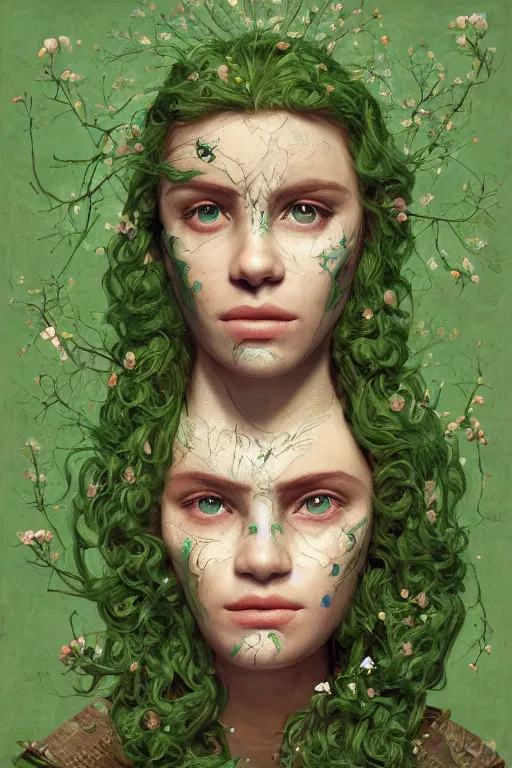 Prompt: portrait of beautiful young mainem, warhammer, russian style, cyber armor, a lot of more scars, more and more flowers, green head, the middle ages, highly detailed, artstation, illustration, art by rene magritte, 8 k quality