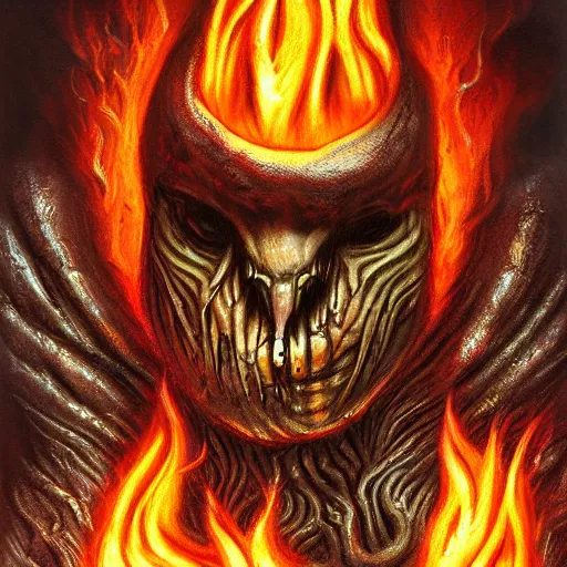 Prompt: giger elden ring doom demon portrait with humanoid face, fire and flame, Pixar style.