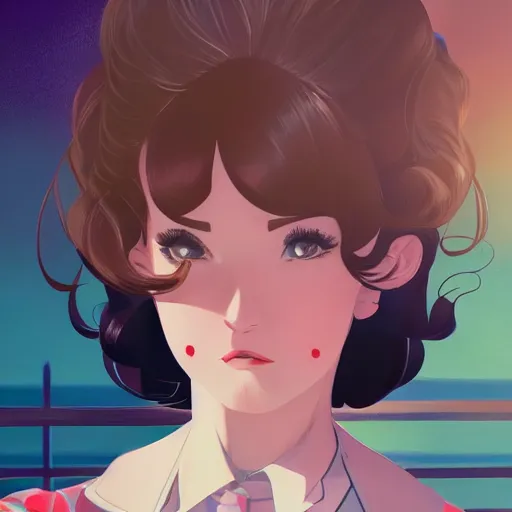 Image similar to portrait of a beautiful girl with dark hair dressed in 1950's fashion, city background, rich vivid colors, ambient lighting, dynamic lighting, 4k, HQ, official media, anime key visual, makoto shinkai, ilya kuvshinov, lois van baarle, rossdraws, detailed, trending on artstation