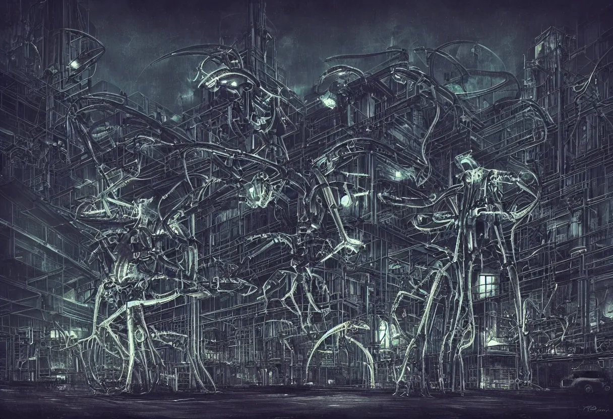 Prompt: one giant salticidae jumping spider robot in front of a massive brutalist industrial plant, biomechanical, biopunk, nighttime, low key, dark, gloomy, hazy, neon lights, watch tower, helicopter, vignette, art by hr giger, digital art