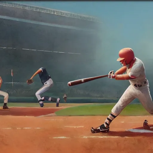 Image similar to baseball player hitting the ball with the baseball bat in the middle of the game and in front of everyone in the stadium, james gurney painting style, greg rutkowski, artstation, octane render, unreal engine 5