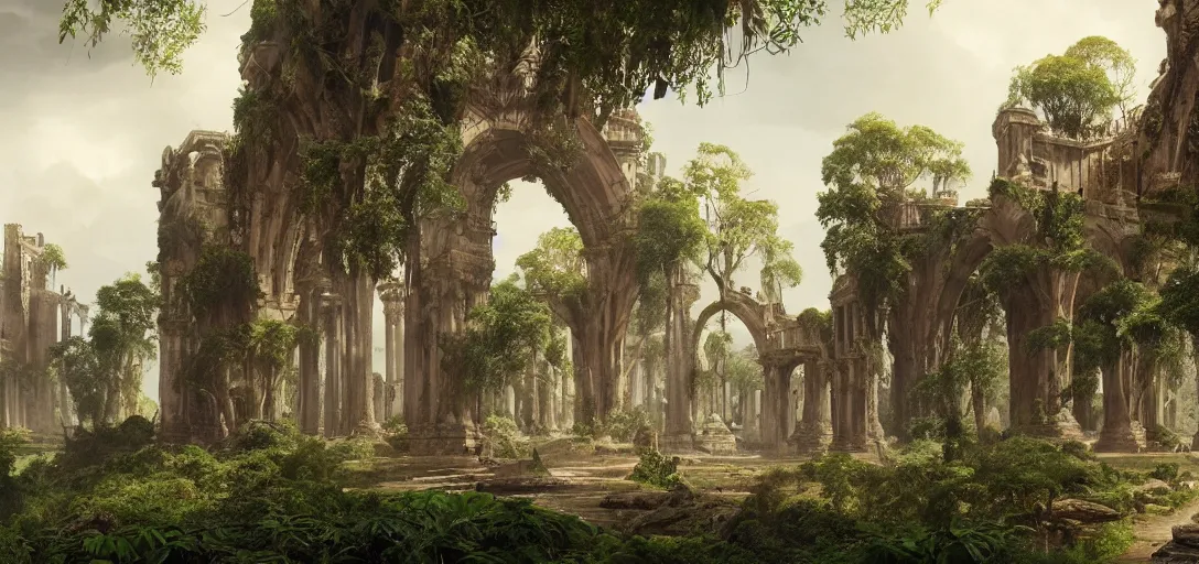 Image similar to gigantic palace, arches adorned pillars, towers, archways, gnarly trees, lush vegetation, forrest, landscape, raphael lacoste, eddie mendoza, alex ross, concept art, matte painting, highly detailed, rule of thirds, dynamic lighting, cinematic, detailed, denoised, centerd