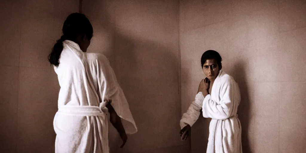 Image similar to sri lankan woman in the bathroom, wearing a bath robe, film still, psycho thriller movie style