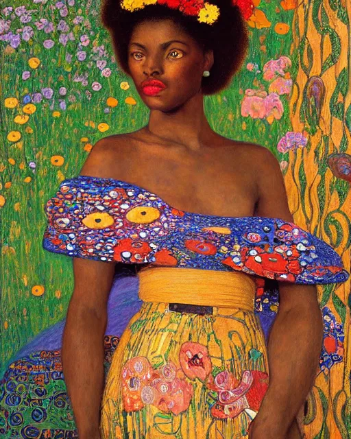 Prompt: a beautiful african girl in a colourful dress with surrounded by colourful patterns and flowers, by gustave klimt and edgar maxence and caravaggio and michael whelan, artistic, intricate drawing, light brazen, realistic fantasy, extremely detailed and beautiful aesthetic face, 8 k resolution, dramatic lighting